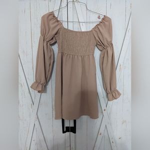 Off the shoulder taupe shein dress with balloon sleeves.